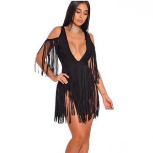 Miss Circle Fringe Bodysuit/Dress with Plunging Neckline sz XS